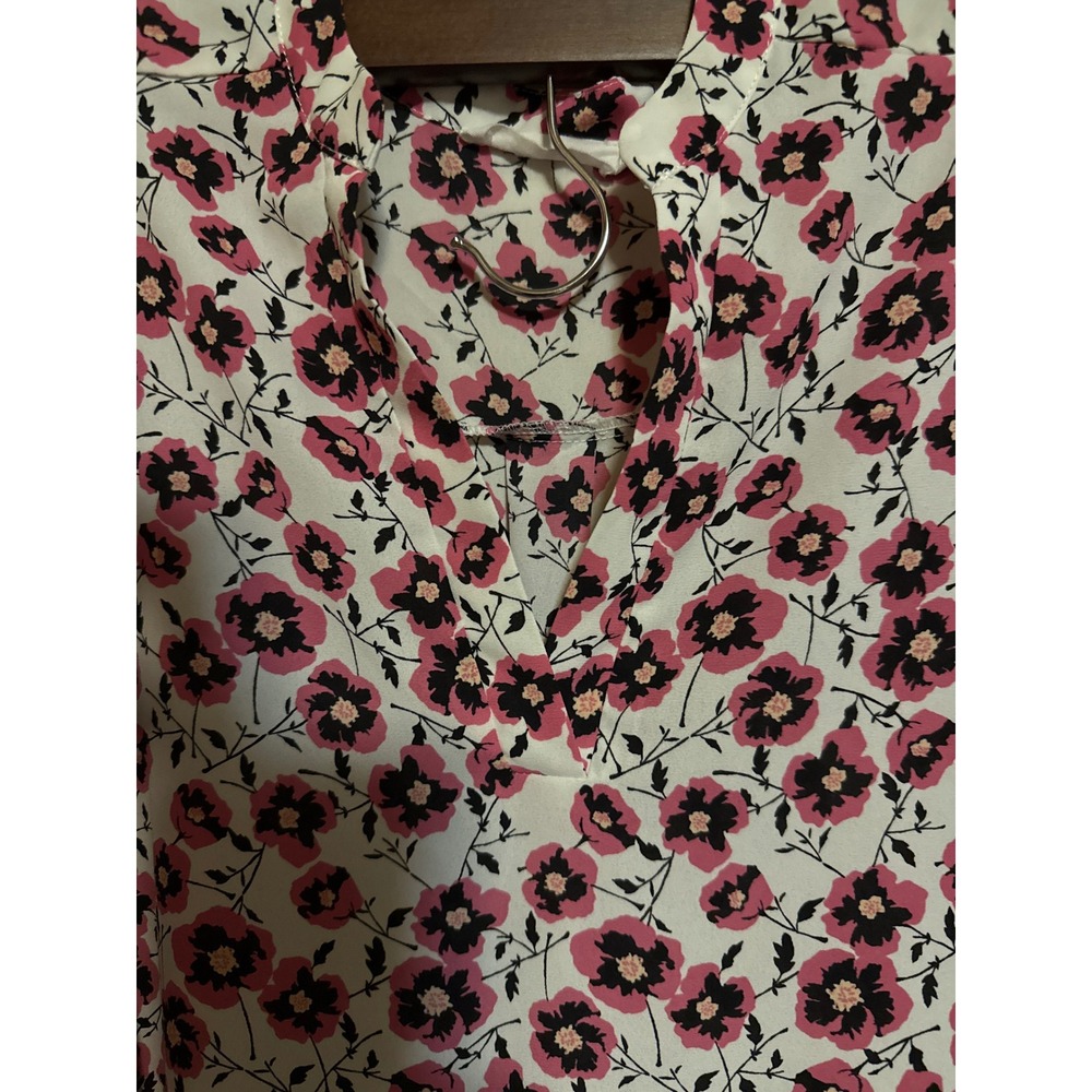 Pink Black Floral Poppy Roll Tab Sleeve V-Neck Blouse Top M cottagecor lagenlook - Picture 3 of 8